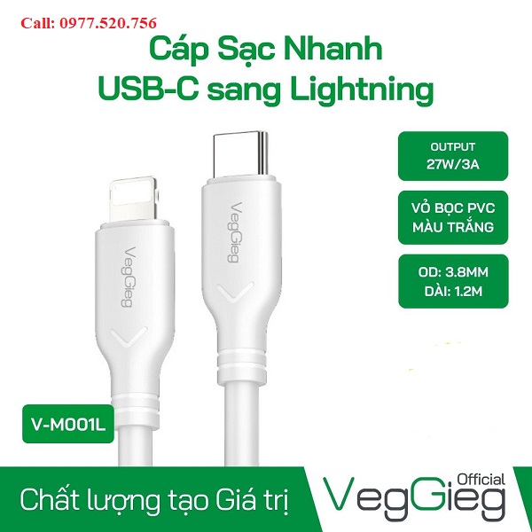 Cáp Sạc Nhanh USB type-C sang Lightning cho iPhone dài 1.2m VegGieg V-M001L